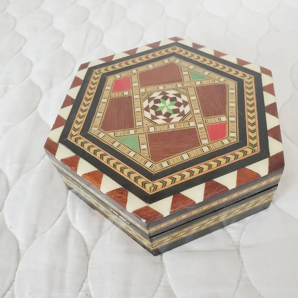 Vintage Spanish Marquetry Trinket Box| Hexagon Jewelry Inlaid Wood Taracea